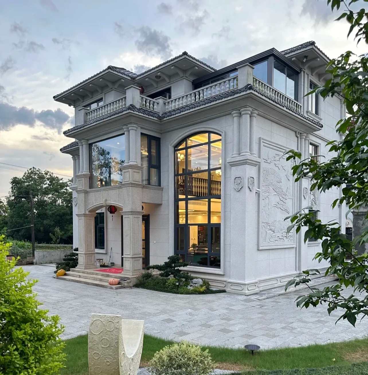 黑龙江 白麻花岗岩私人别墅干挂石材豪华定制